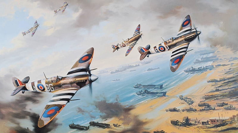 Air Cover Over Normandy, Spitfire, plane, guerra, normandy, ww2, invasion, military, HD wallpaper