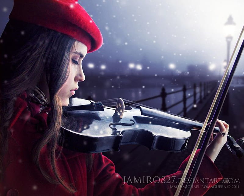 When the First Drop Falls, red, violin, lady, music, HD wallpaper