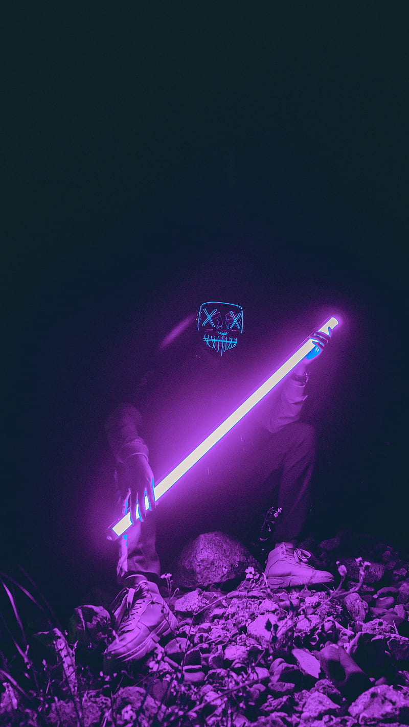 man, mask, neon, glow, purple, HD phone wallpaper