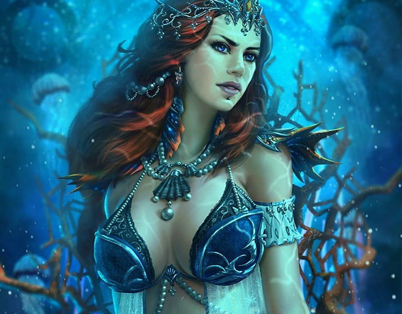 Fantasy Girl, underwater, fantasy, girl, redhair, bonito, face, sexy, blue, HD wallpaper