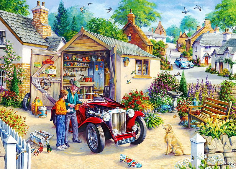 Car Workshop, people, garage, houses, village, artwork, dog, vintage, HD wallpaper