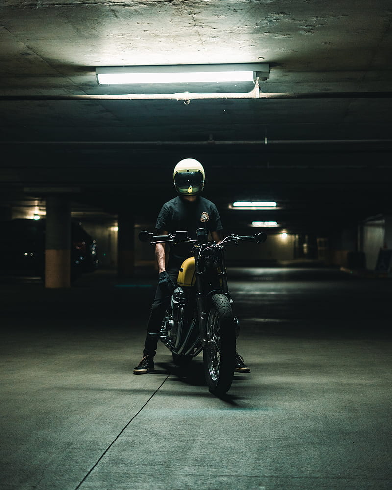 motorcycle, motorcyclist, helmet, bike, parking, HD phone wallpaper