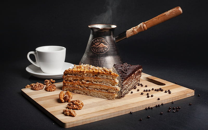 Coffee and Cakes, cup, desk, cakes, coffee, wooden, HD wallpaper