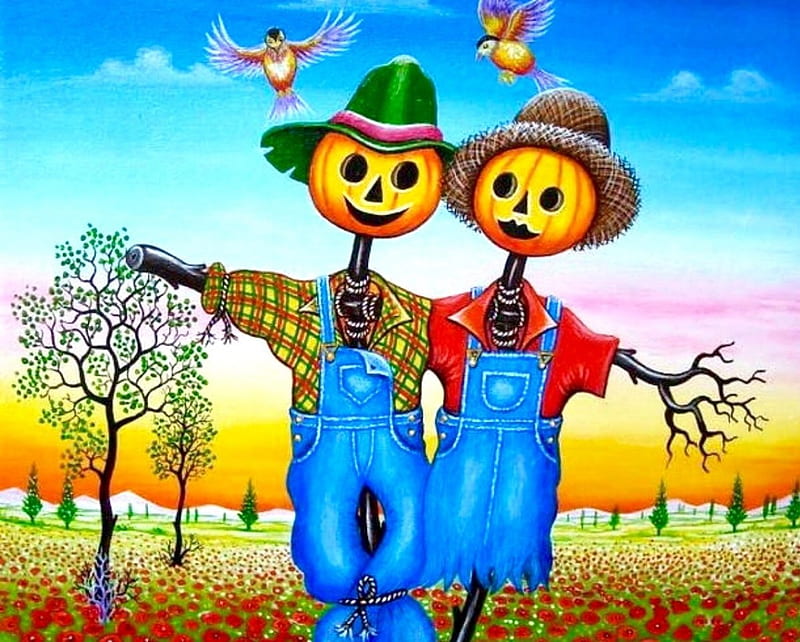 Mr and Mrs Scarecrow, farm, cute, colorful, autumn, scarecrows, painting, pumpkins, HD wallpaper