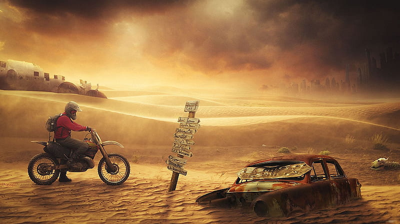 Whitch Way to Go ?, car, motorcycle, art, signs, digital, submerged, twilight, HD wallpaper