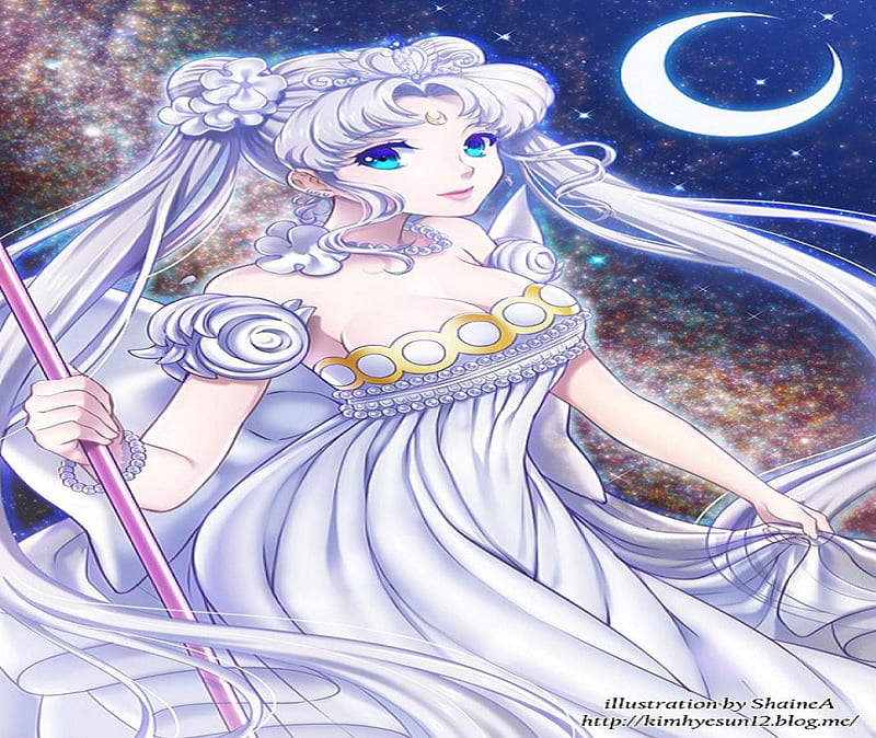 Princess Serenity, dress, wand, serenity, anime, sailor moon, magic, long hair, princess, HD wallpaper