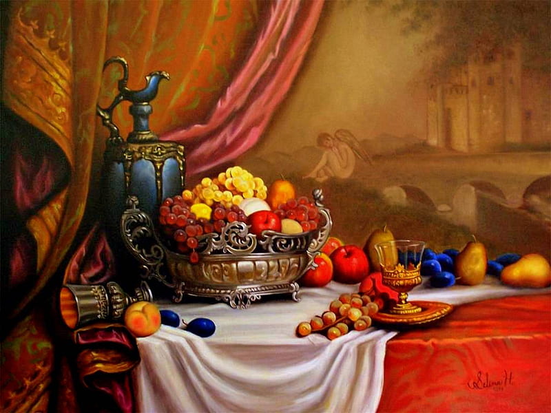 Banquet Table, fruit, table, grapes, art, still life, urn, banquet, HD wallpaper