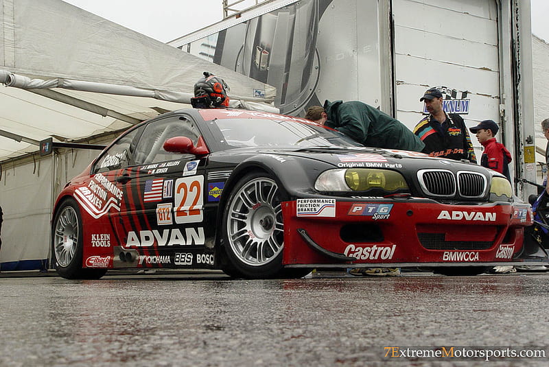 bmw race car, red, front engine, black, two seater, sponsorship, race modified, helmet, people, silver alloys, HD wallpaper