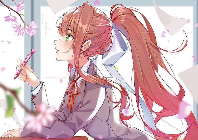 monika, doki doki literature club, profile view, school uniform, ponytail, flower petals, Anime, HD wallpaper