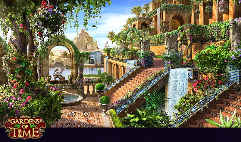 Hanging Gardens, waterfall, games, courtyard, fantasy, HD wallpaper ...
