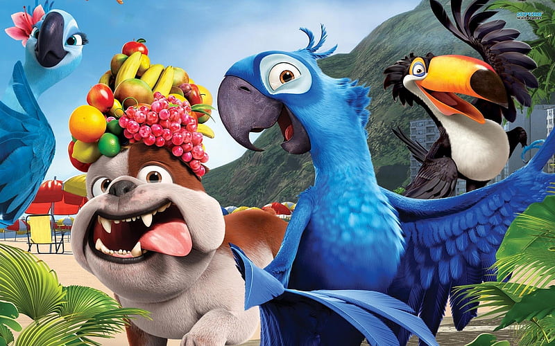 Rio (2011), poster, movie, pasare, parrot, macaw, fruit, bird, summer, funny, dog, blue, rio, HD wallpaper
