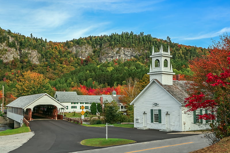 Stark, New Hampshire, covered Bridge, hills, leaves, colors, church, trees, HD wallpaper