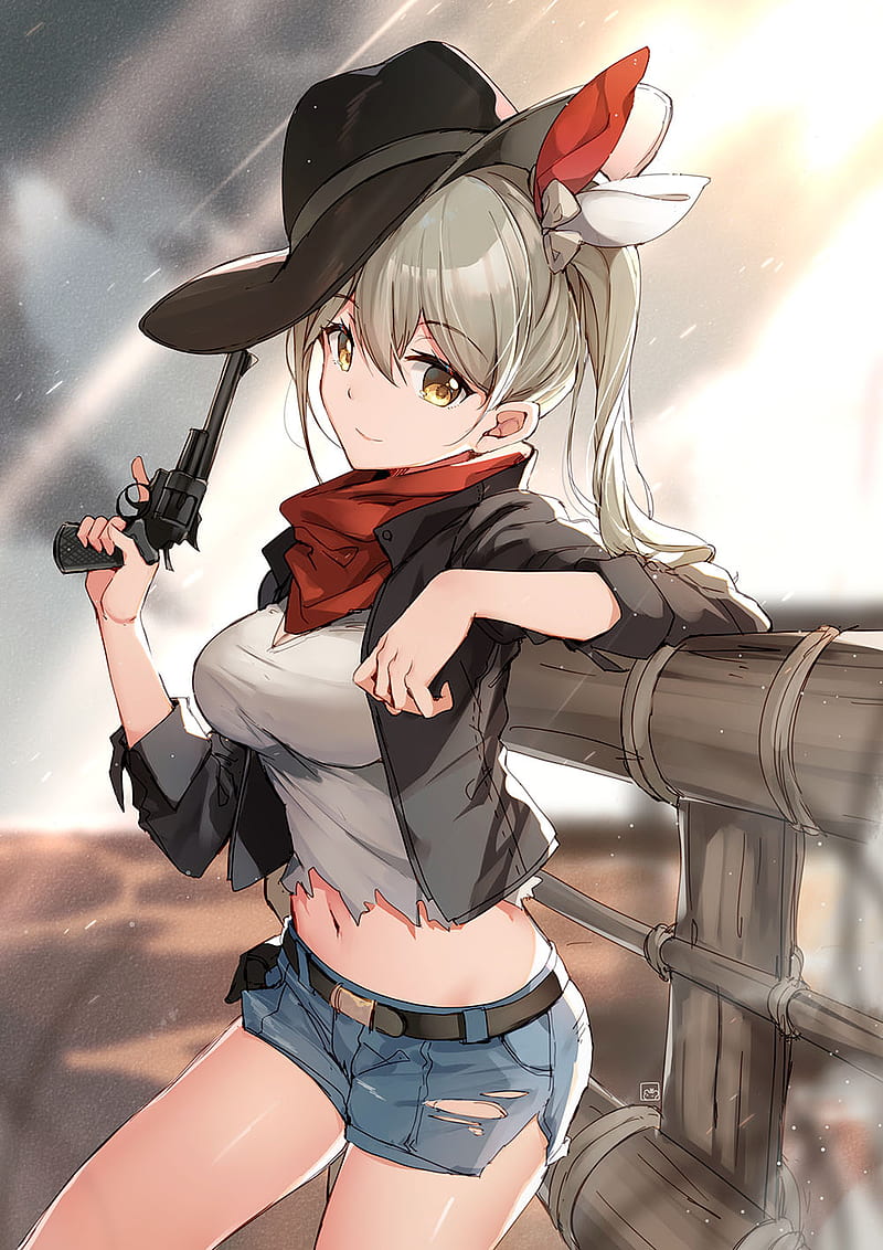 anime, anime girls, digital art, artwork, 2D, portrait display, vertical, revolver, gun, yellow eyes, scarf, torn clothes, short shorts, jean shorts, belly, cowboy hats, grey hair, Side ponytail, looking at viewer, cowgirl, bison cangshu, HD phone wallpaper