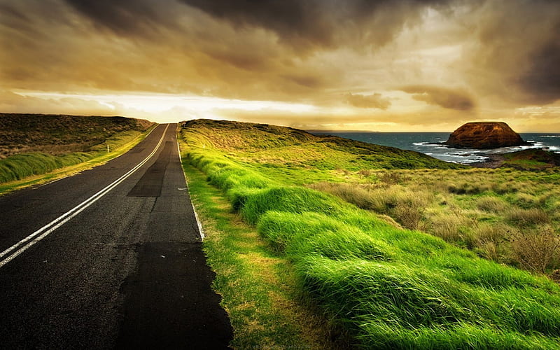 Road to Nowhere, countryside, clouds, sky, street, coast, HD wallpaper