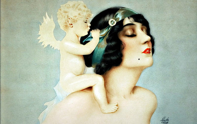 Cupid whispers by Alberto Vargas, alberto vargas, art, wings, angel, woman, brunette, retro, girl, cupid, beauty, white, blue, vintage, HD wallpaper
