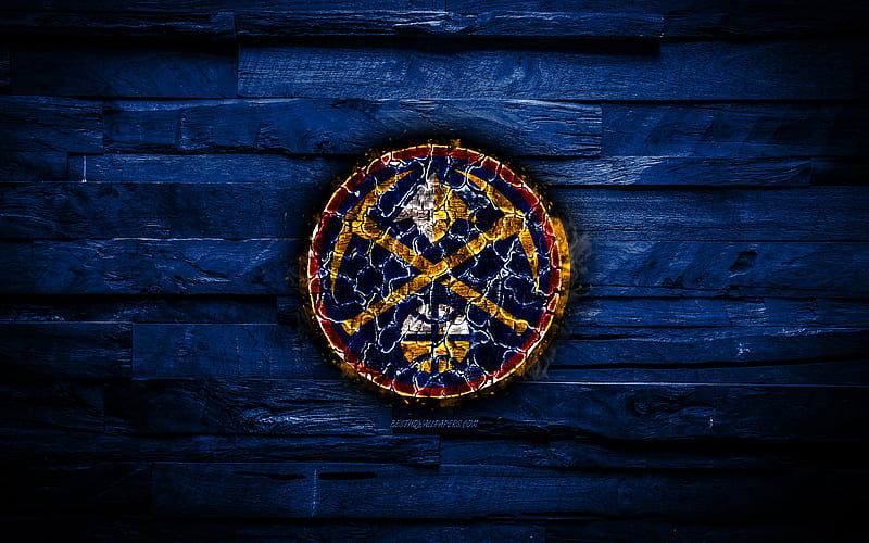 Denver Nuggets scorched logo, NBA, blue wooden background, american basketball team, Western Conference, grunge, basketball, Denver Nuggets new logo, fire texture, USA, HD wallpaper