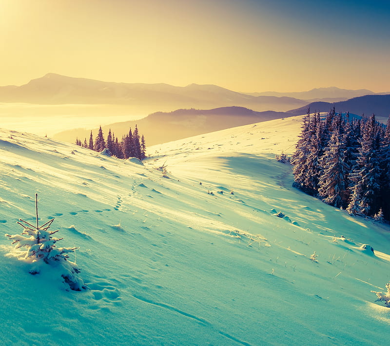 Winter, landscape, mountains, nature, snow, sunset, HD wallpaper