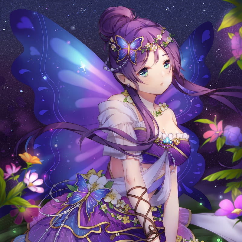 Butterfly, pretty, dress, beautiful, adorable, magic, wing, elegant, sweet, blossom, nice, fantasy, anime, beauty, anime girl, long hair, gorgeous, fairy, female, wings, lovely, purple hair, cute, kawaii, girl, purple, flower, petals, lady, maiden, HD wallpaper