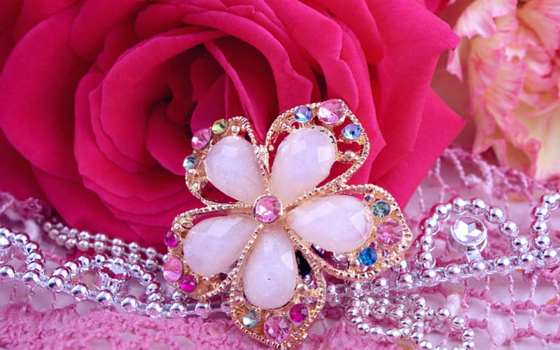 Brooch and rose, flowers, rose, brooch, jewelry, HD wallpaper