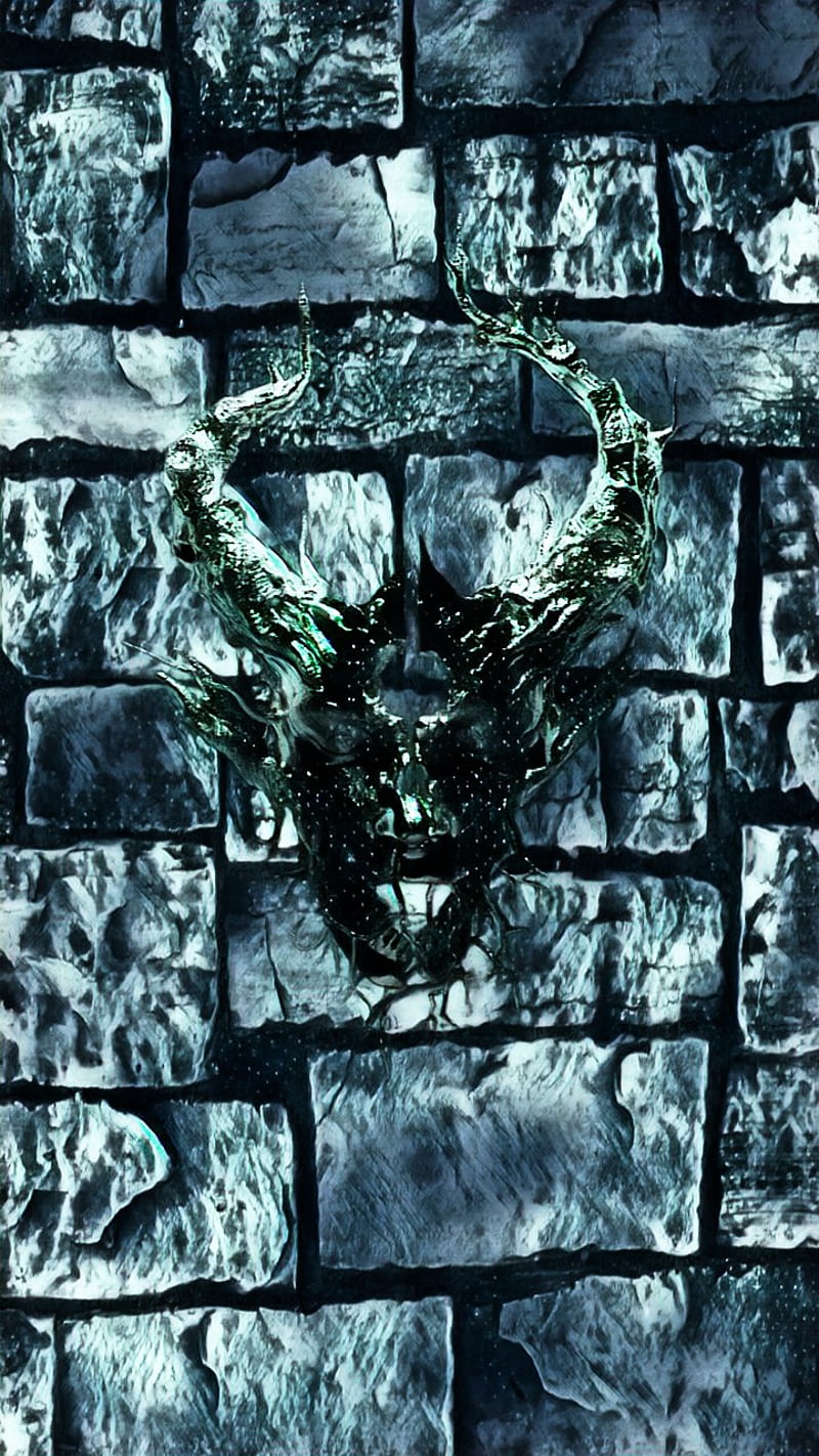 Demon Hunter peace 1, bricks, demon hunter, diamond, horn, metal, skull, wall, HD phone wallpaper