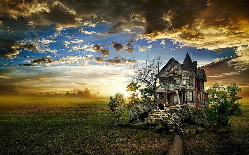 Old House in the Middle of the Field, house, nature, sky, clouds, field, HD wallpaper