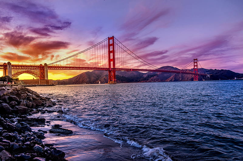 Sunset Over Golden Gate Bridge F1C, architecture, USA, cityscape, bonito, graphy, Golden Gate Bridge, California, bridge, wide screen, San Francisco, scenery, HD wallpaper
