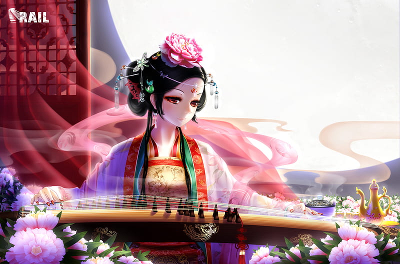 Chinese Beauty, pretty, chinese clothes, tea, sweet, peony, nice, anime, flowers, beauty, anime girl, tattoo, china, sexy, short hair, cute, rail, purple, oriental, chinese, maiden, red eye, red, dress, bonito, teapot, moon, instruments, hot, smoke, pink, black hair, night, female, music, girl, flower, music instrument, princess, HD wallpaper