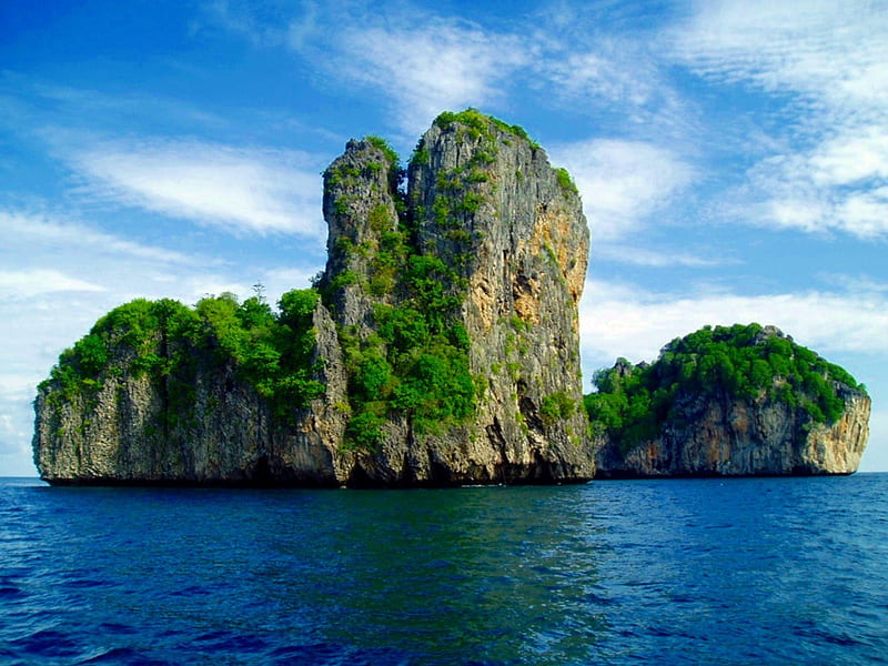 ISLETS, THAILAND, rocks, water, plants, clouds, sea, blue, landscape, HD wallpaper