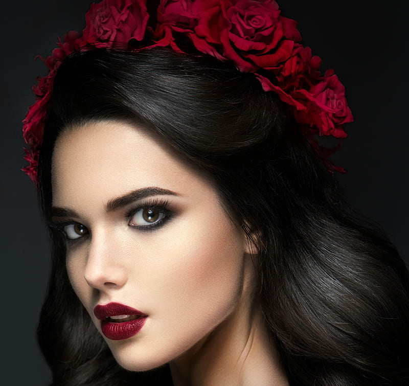 Beauty, red, wreath, model, rose, black, woman, lips, brunette, girl, flower, face, HD wallpaper
