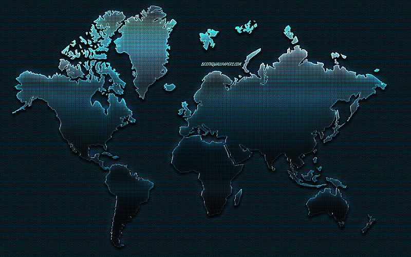 Blue creative world map, blue metal world map, creative art, blue metal background, 3D world map, blue neon art, world map concepts, HD wallpaper
