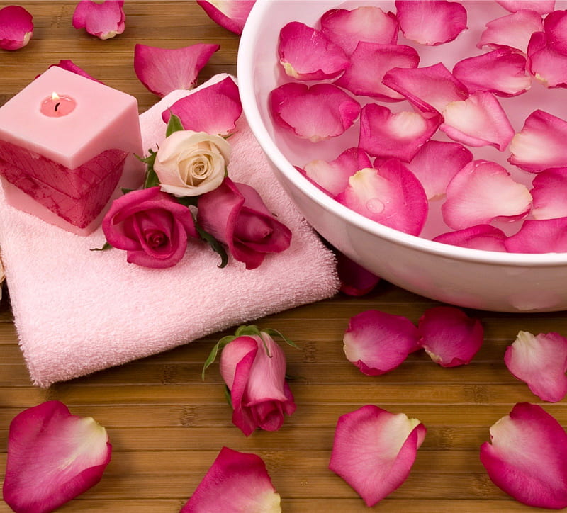 Care for body and soul✿, candle, spa, wellness, petals, roses, pink, light, HD wallpaper