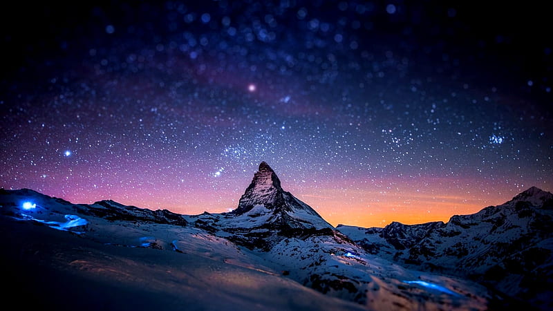 Snowy mountain backdropped by a beautiful star-filled sky, wilderness, mountain, stars, snow, mountains, sky, night, galaxy, HD wallpaper