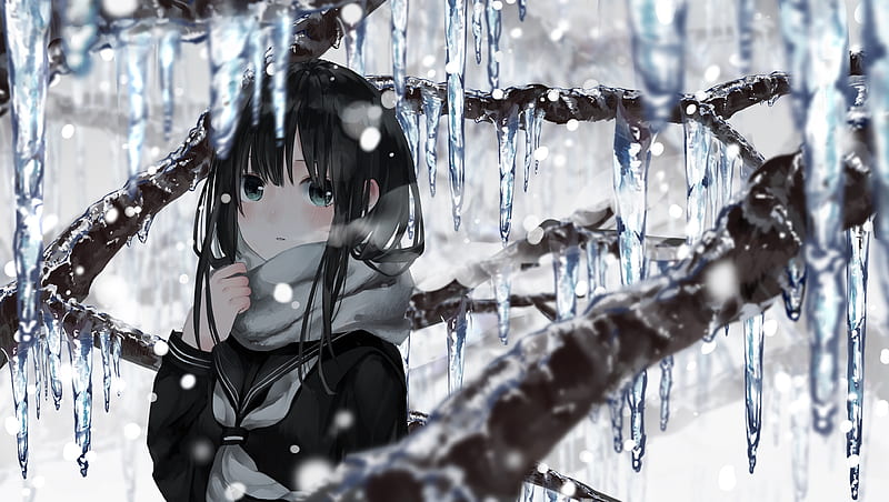anime girl, school uniform, winter, scarf, black hair, frozen tree, Anime, HD wallpaper