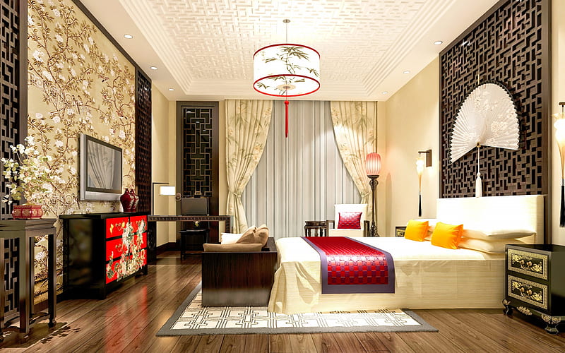 interior bedroom, Chinese style, interior design, bedroom, China, oriental style, HD wallpaper