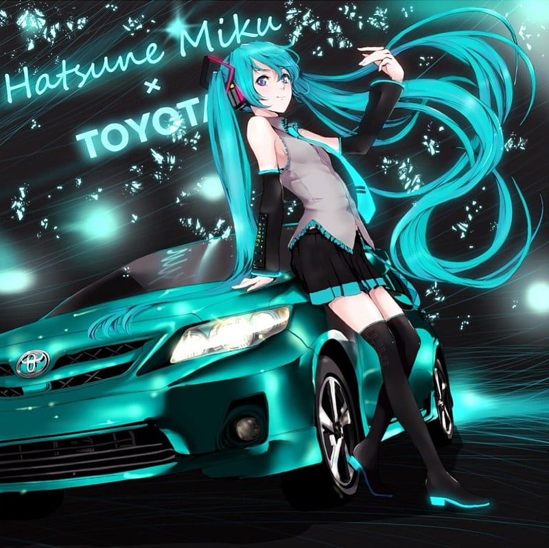 Hatsune Miku, glow, sparks, twin tail, anime, car, hot, anime girl, vocaloids, long hair, vocaloid, female, twintail, miku, twintails, sexy, abstract, twin tails, motorcar, cute, hatsune, girl, blue hair, HD wallpaper