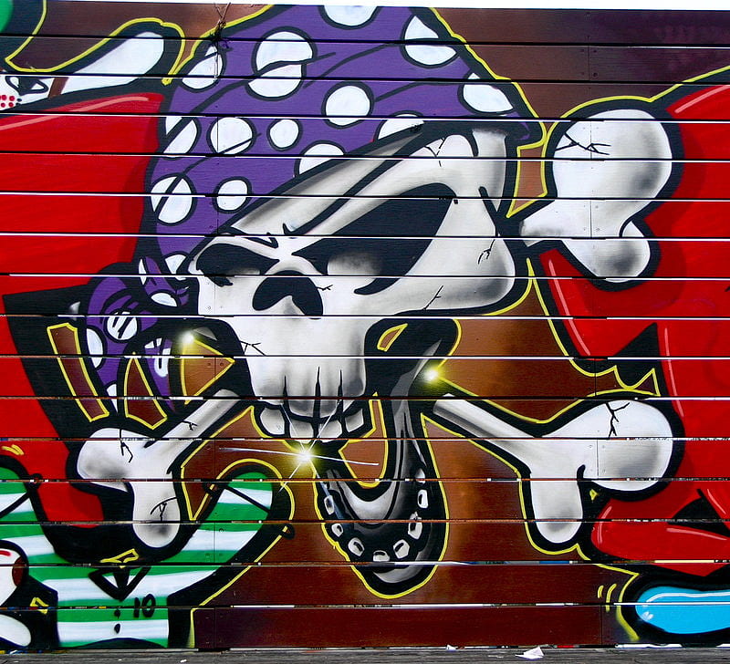 Graffiti, fence, bandanna, abstract, bones, skull, artwork, pirate, HD wallpaper