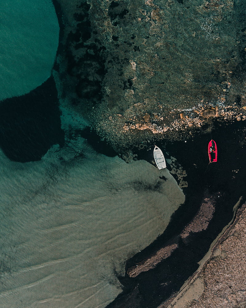 boats, rocks, water, shore, aerial view, HD phone wallpaper
