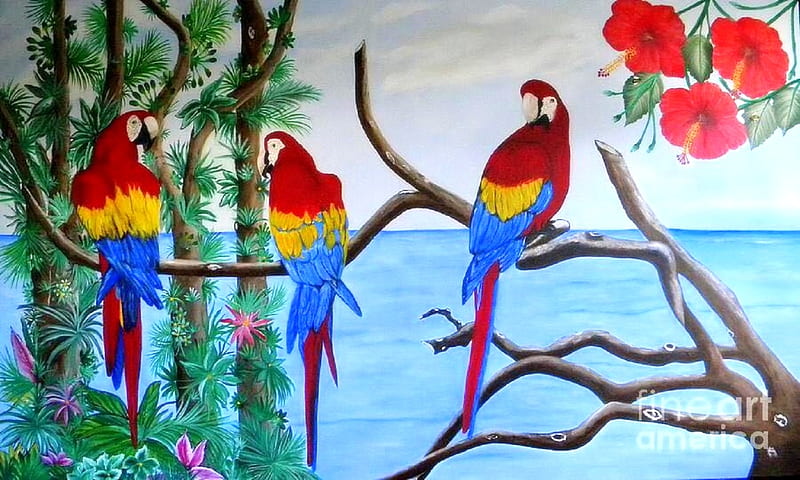 Tropical Paradise, oceans, draw and paint, love four seasons, birds, attractions in dreams, sea, paintings, paradise, summer, flowers, nature, tropical, animals, HD wallpaper