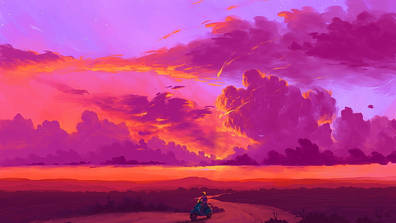 Pink sky, clouds, stars, sunset, scenery, motorcyclist, artwork, Landscape, HD  wallpaper | Peakpx