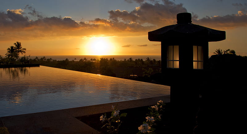 Beautiful Sunset over Pool and Hawaiian Temple Hawaii, islands, exotic, sun, orange, hawaii, dusk, sunset, twilight, pool, set, paradise, temple, evening, island, tropical, swimming, HD wallpaper