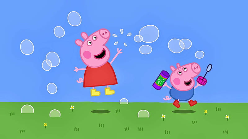 small and big peppa pig having fun in blue background anime, HD wallpaper
