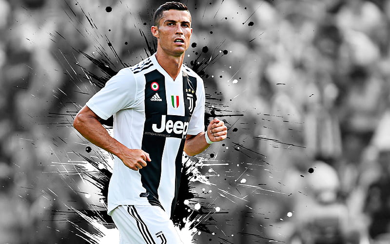 Cristiano Ronaldo art, white black uniform, CR7, portrait, Juventus FC, Portuguese football player, white black splashes of paint, grunge art, Serie A, Italy, football, HD wallpaper