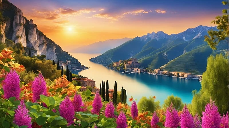 Spring Flowers At Lake Garda, Italy, clouds, trees, blossoms, sunset, landscape, colors, mountains, sky, alps, HD wallpaper