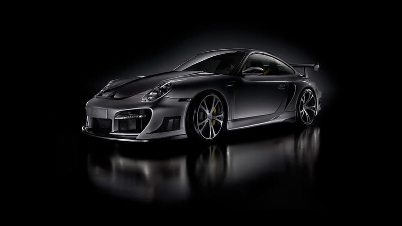 porsche gt in grey scale, black and white, reflection, silver, car, HD wallpaper