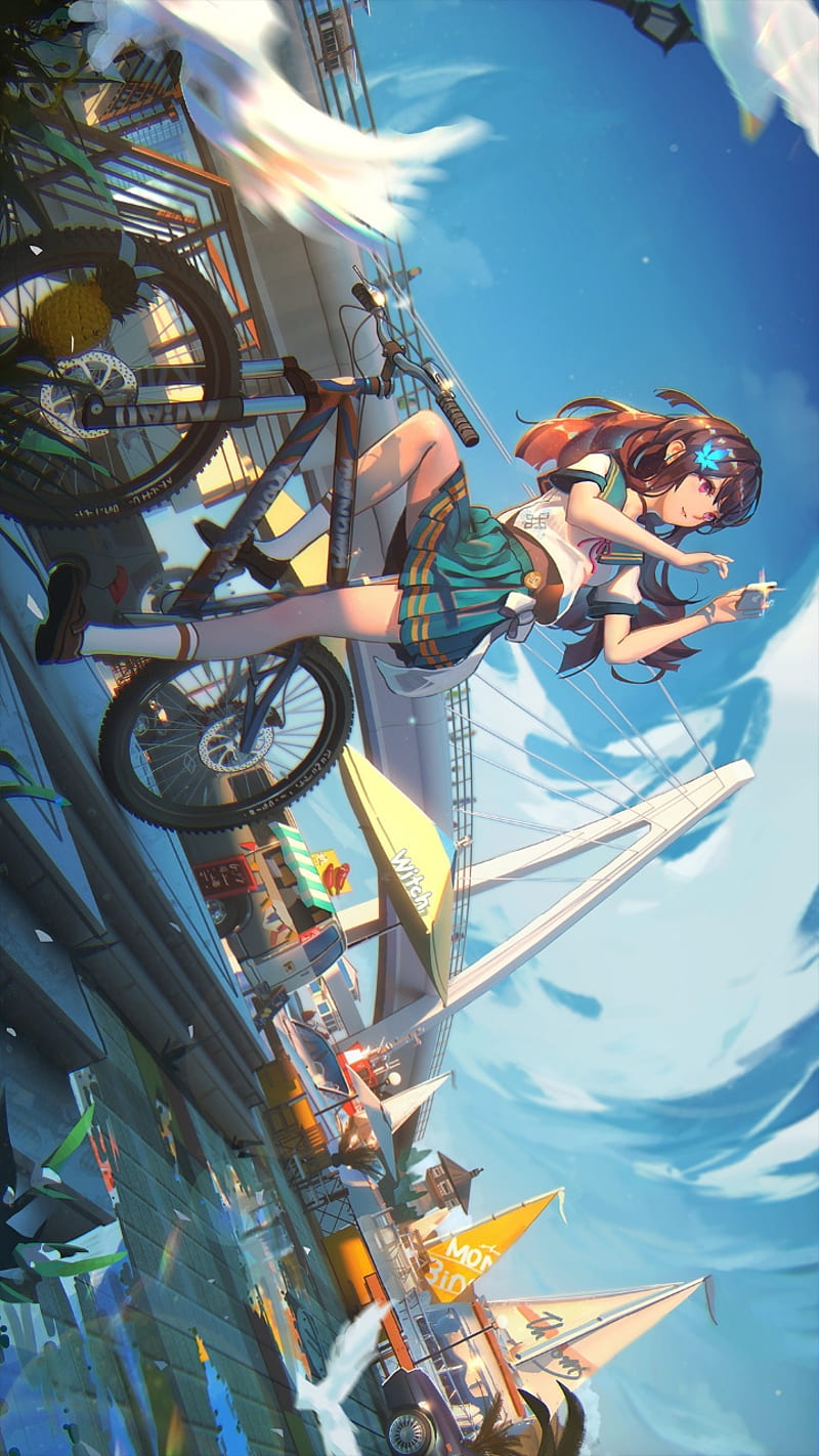 Anime bike, girl, japan, nature, HD phone wallpaper