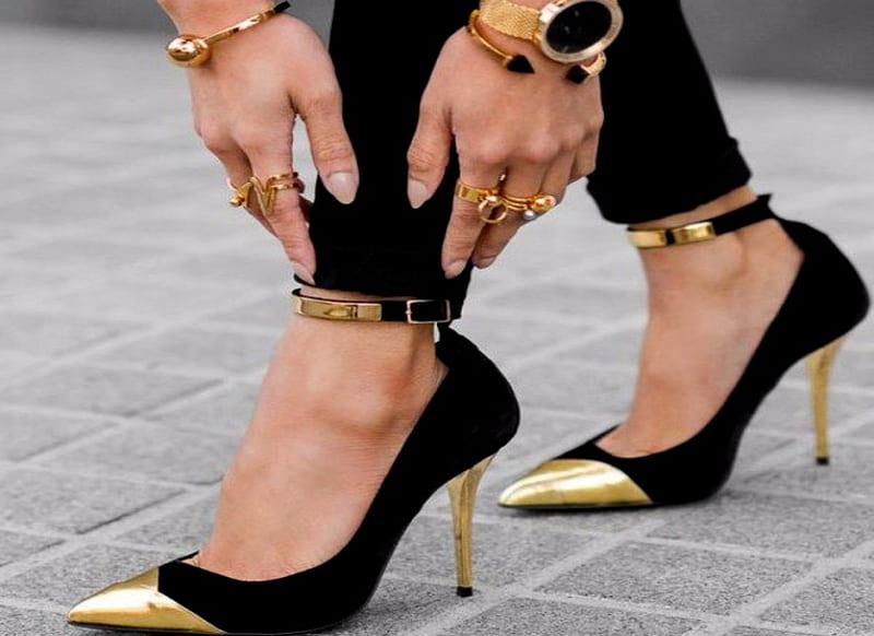 Gold And Black, Stilettos, Feet, Black, Women, Jewlery, Hand, Gold, HD wallpaper
