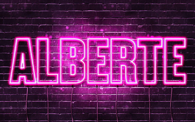 Alberte with names, female names, Alberte name, purple neon lights, Happy Birtay Alberte, popular danish female names, with Alberte name, HD wallpaper