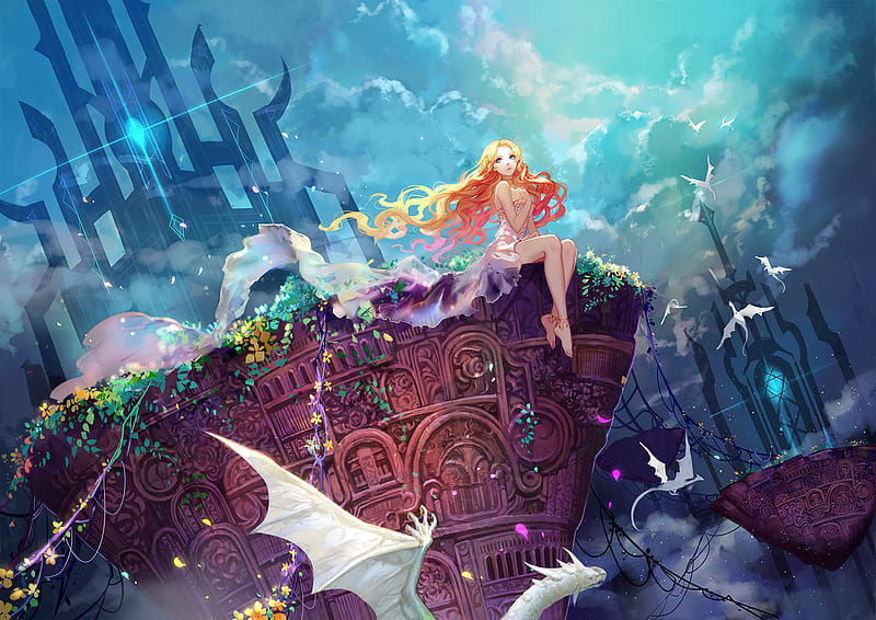 Fantasy Girl Long Hair In Dragon Dress, fantasy-girls, anime, artwork, artist, digital-art, HD wallpaper