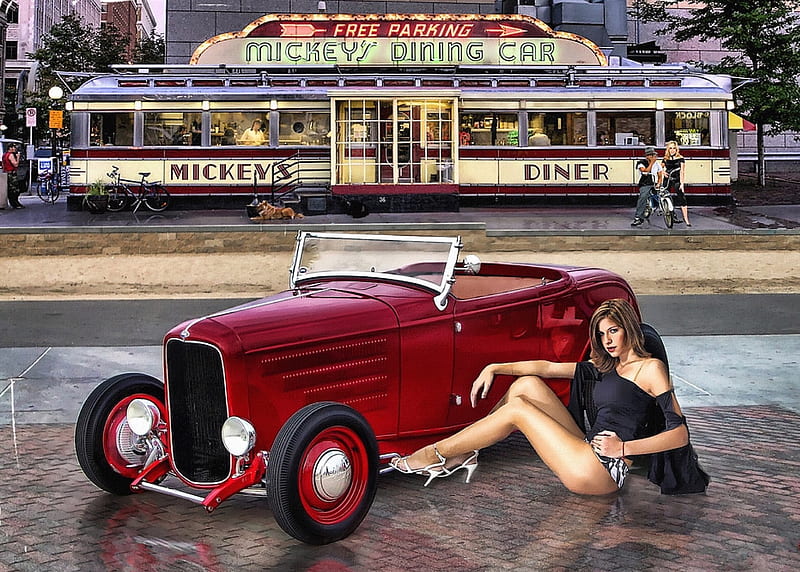 Meet Me at Mickey's, collage, diner, girl, hot rod, american, HD wallpaper