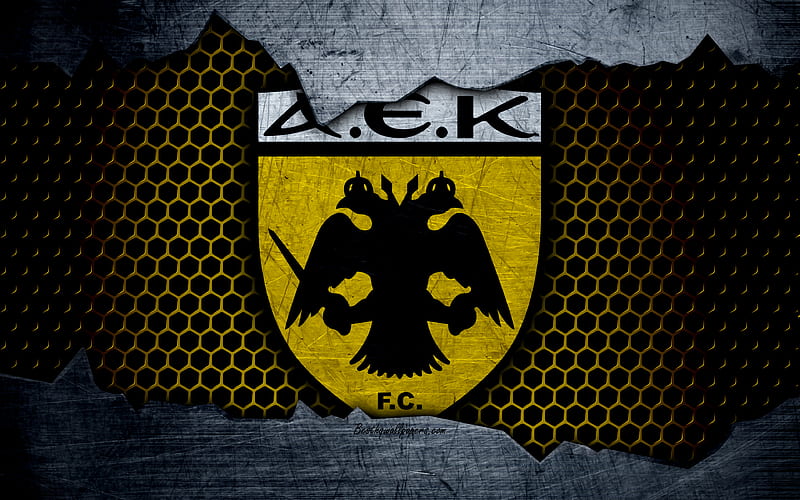 AEK Athens logo, Greek Super League, soccer, football club, Greece, AEK, grunge, metal texture, Apollon AEK Athens FC, HD wallpaper